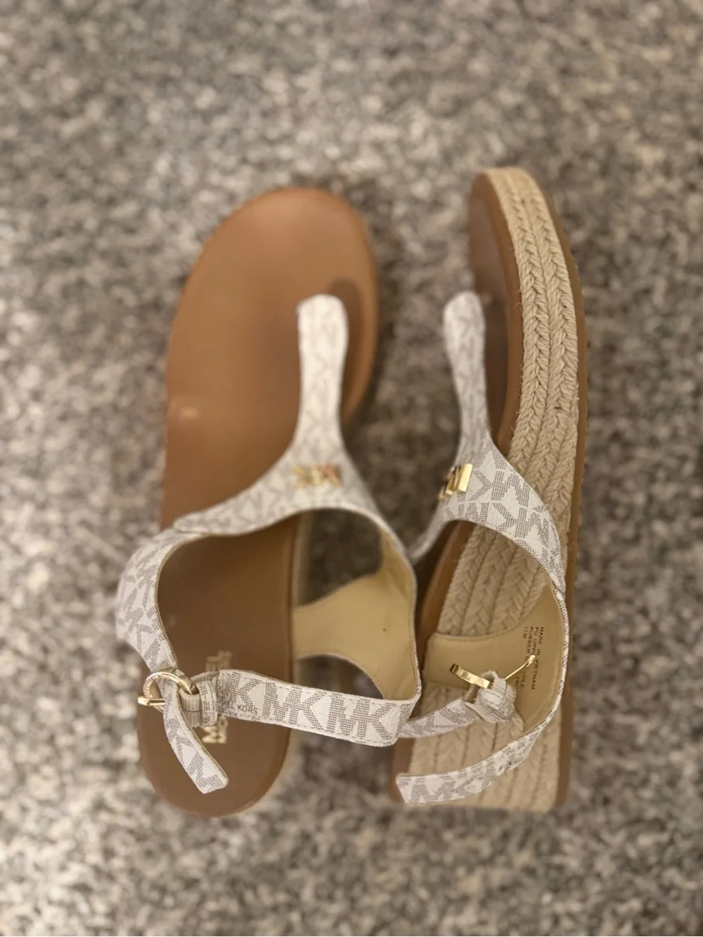 Michael Kors Beige Logo T-Strap Sandals with Gold Accent